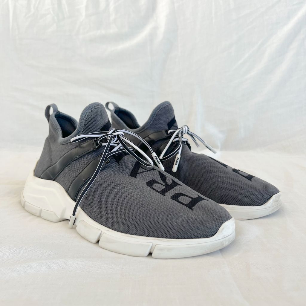 Prada grey knit fabric lace up sneakers, 37.5