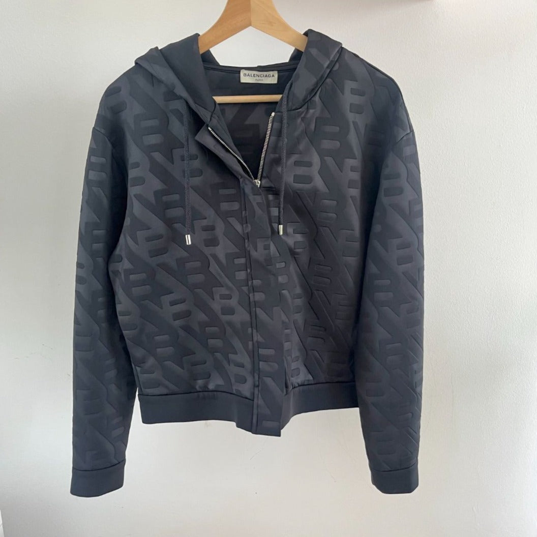 Balenciaga black zip up hoodie with B embossed