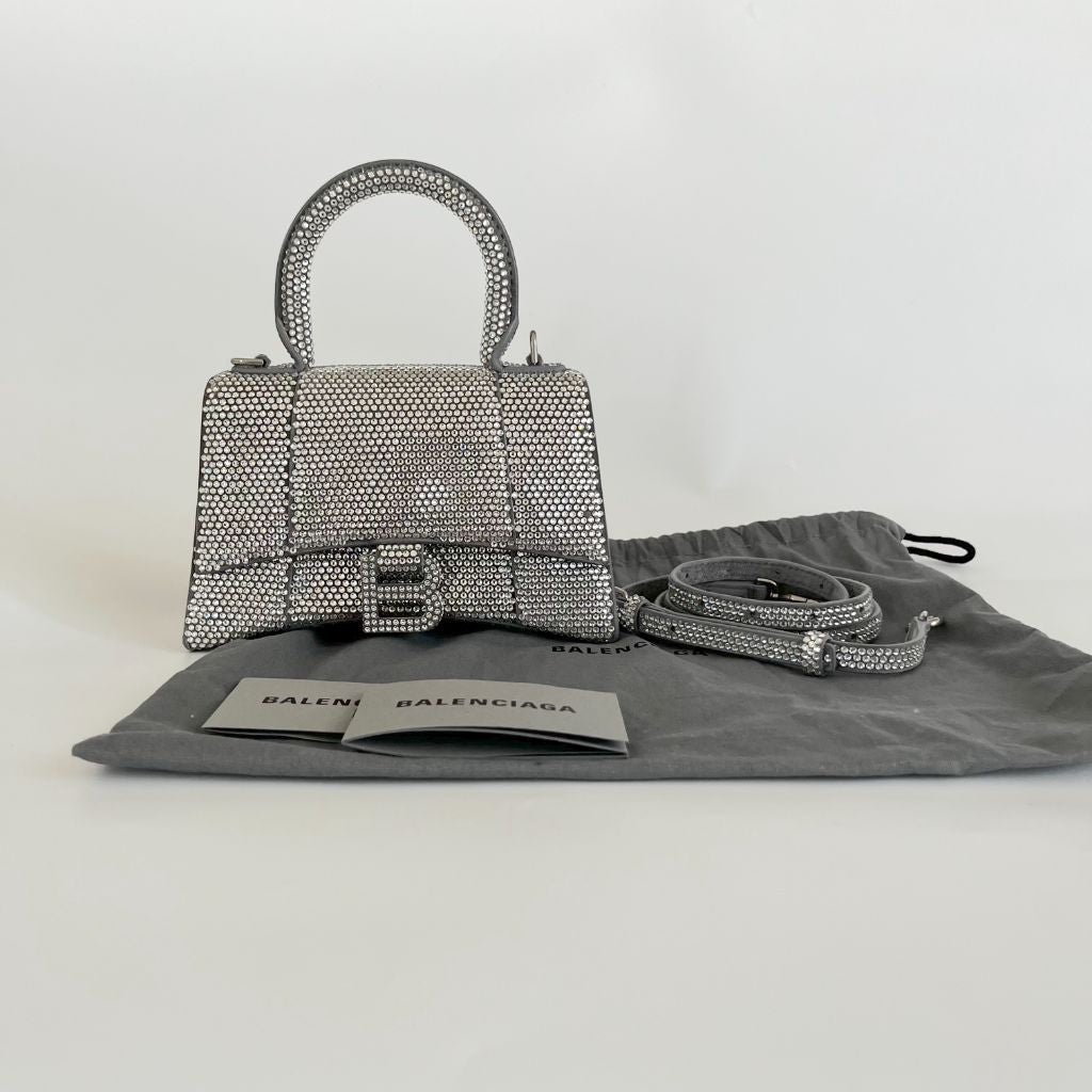 Balenciaga Hourglass Handbag XS Rhinestone Grey in Suede  Calfskin/Rhinestone with Silver-tone - US