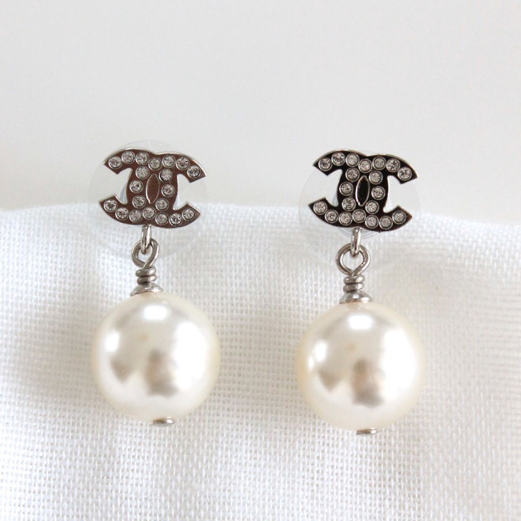Chanel CC Drop Earrings Metal with Crystals and Faux Pearls Silver