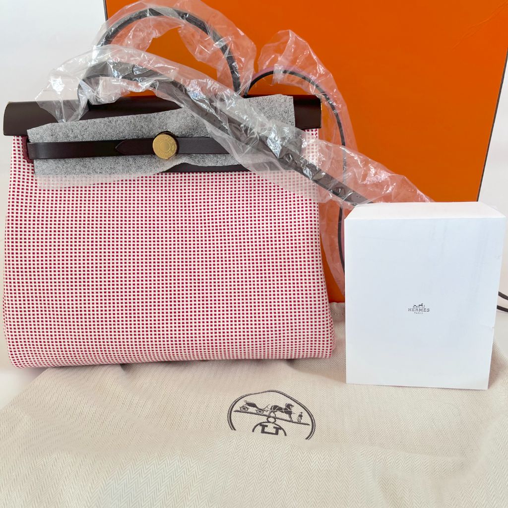 Hermès Herbag 31 In Cassis / Ecru Toile And Rouge Sellier Vache
