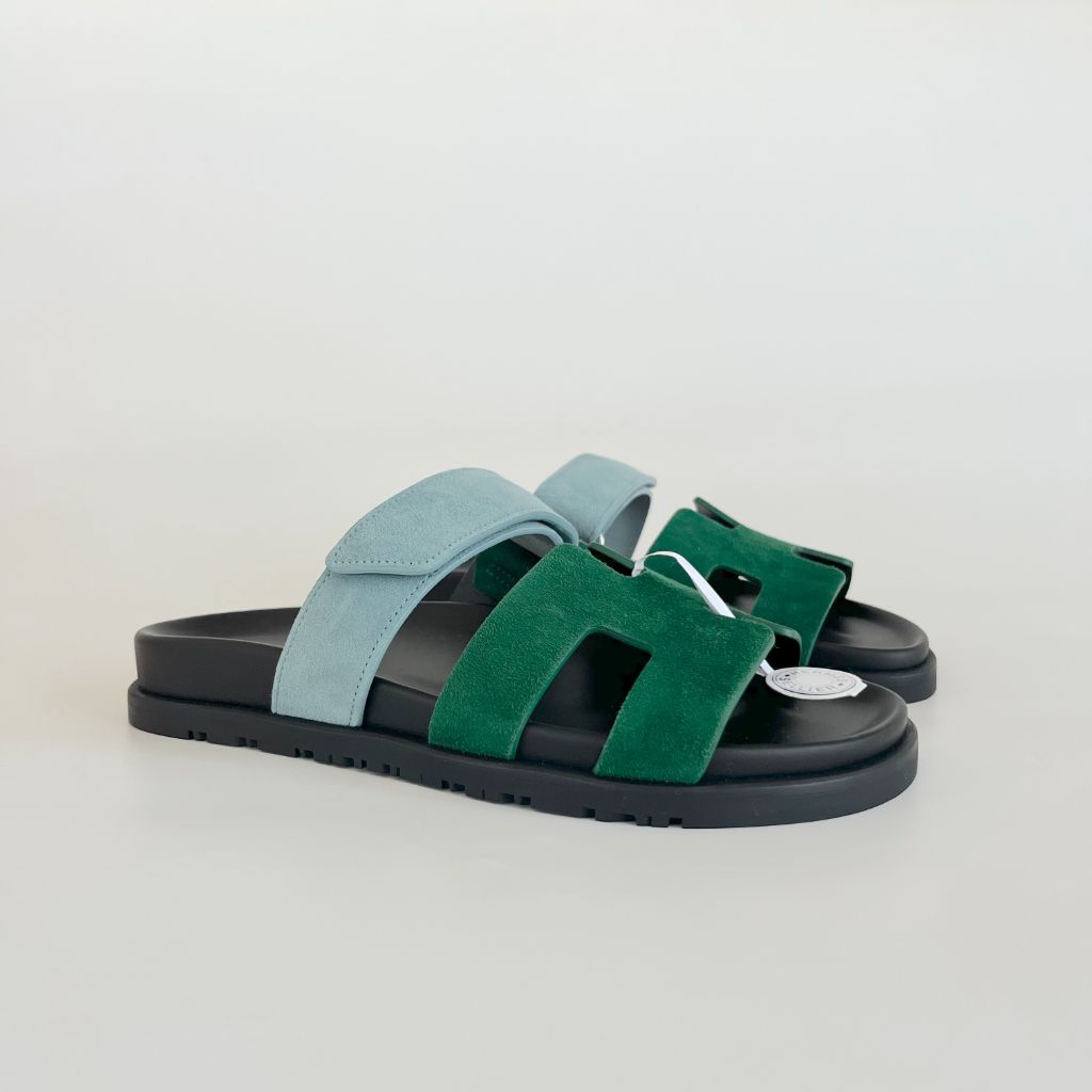 Hermès Suede Blue and Green Chypre Sandals, 37