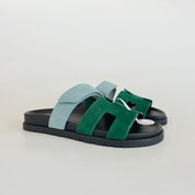 Hermès Suede Blue and Green Chypre Sandals, 37