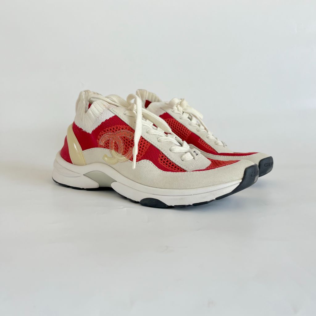 Chanel suede and knitted white/red lace up sneakers