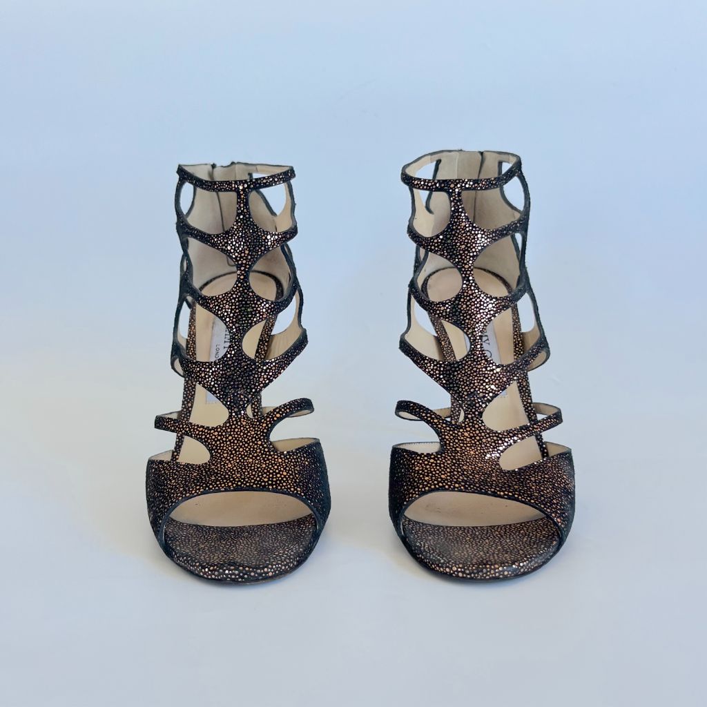 Jimmy Choo bronze cut out sandal heels, 38