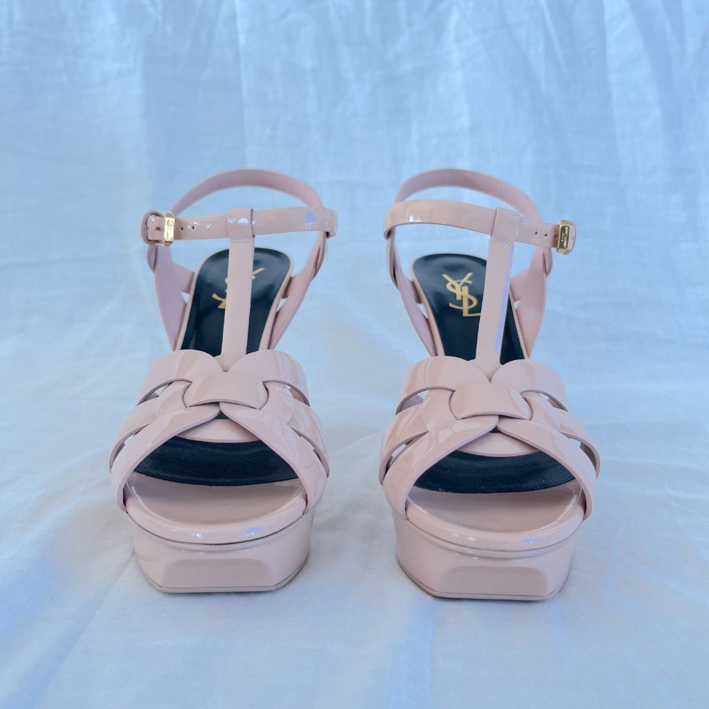 Saint Laurent nude patent leather tribute sandal heels, 38