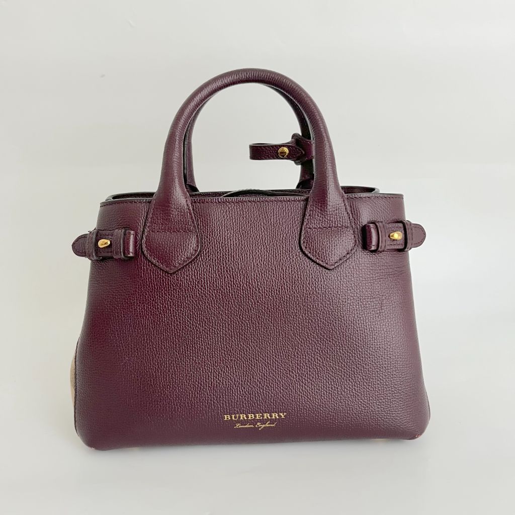 Burberry Burgundy/Beige Leather and House Check Fabric small banner tote
