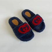 Gucci blue fluffy slides with GG red print, kids size 30