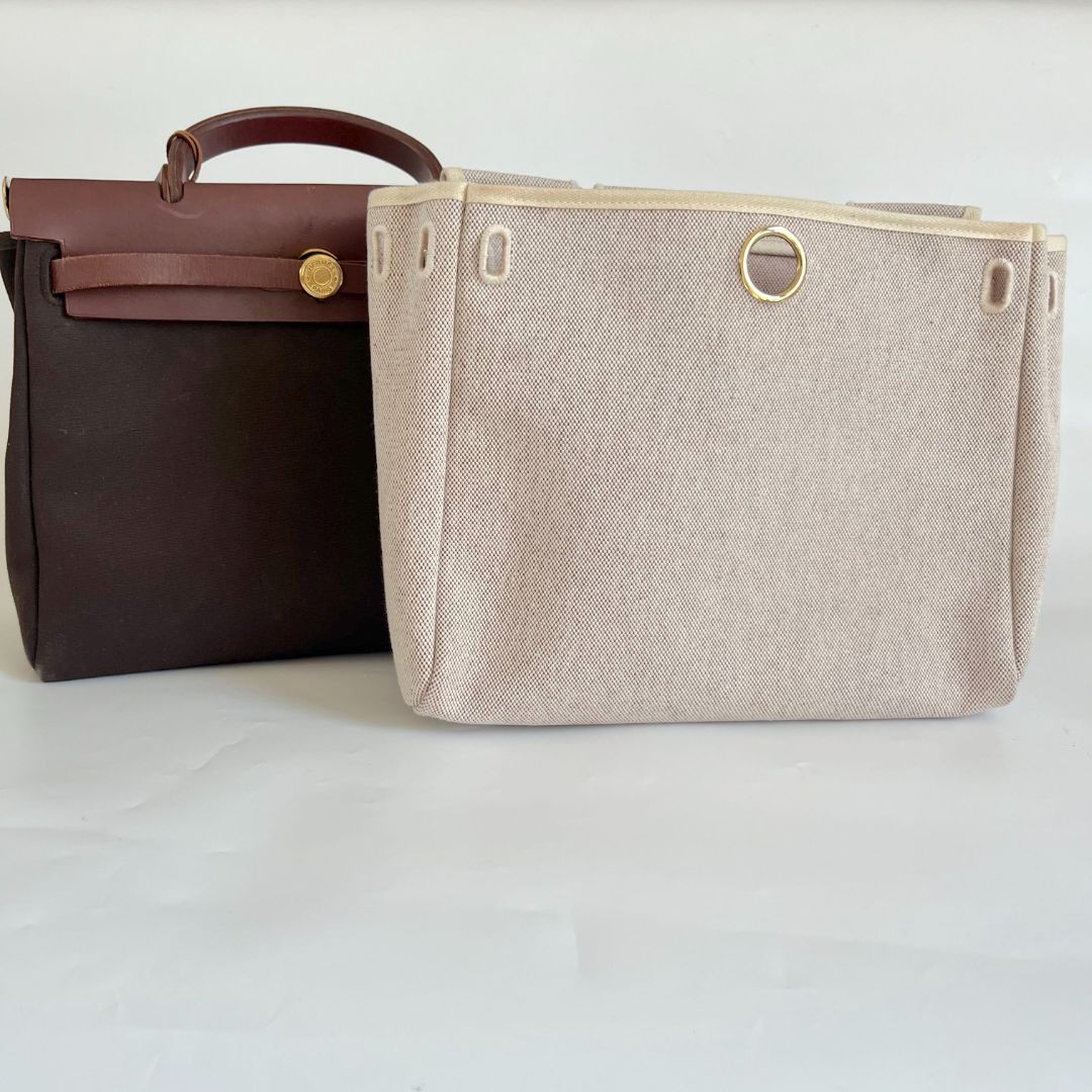 Hermes Chocolate Brown/Beige Toile and Leather Herbag 31 Bag