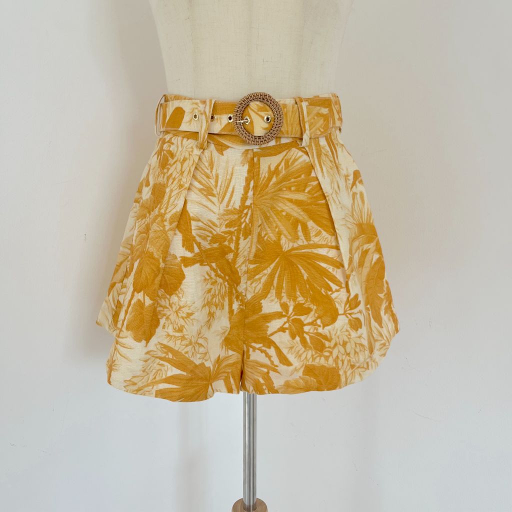 Zimmermann Mae printed cotton high waist shorts with belt