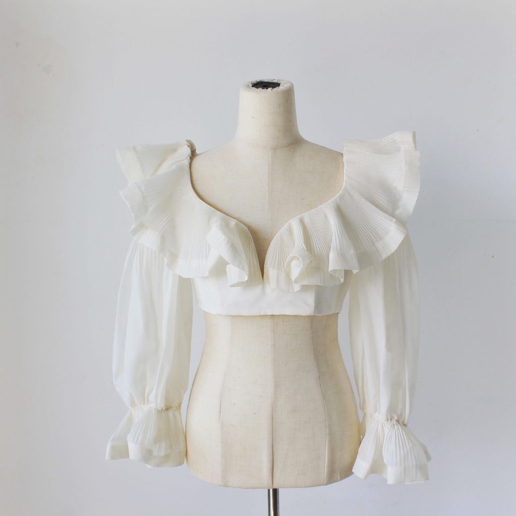 Zimmermann white pleated long sleeve ruffle crop top