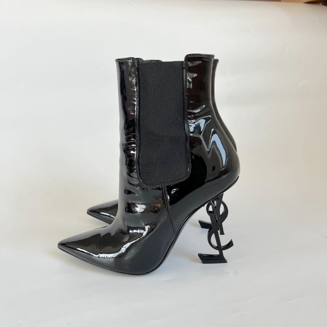 Saint Laurent Women's Opyum 110 Black Patent Leather YSL Logo Heels Sz 42