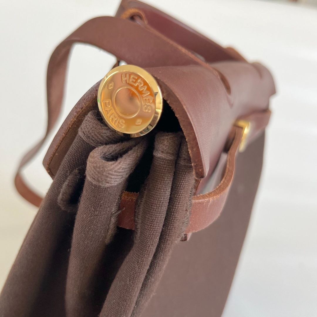 Hermes Chocolate Brown/Beige Toile and Leather Herbag 31 Bag at 1stDibs