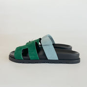 Hermès Suede Blue and Green Chypre Sandals, 37