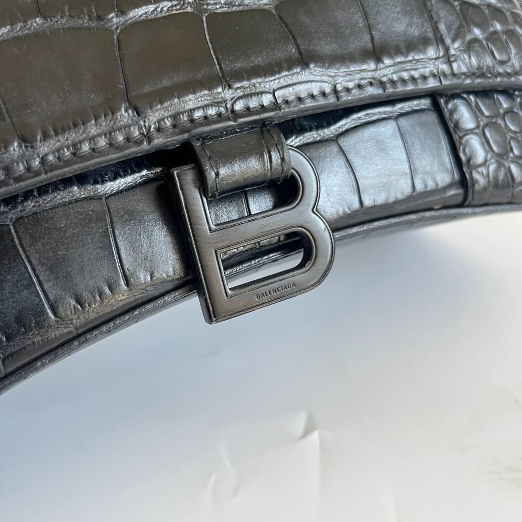 Balenciaga Hourglass Top-Handle Bag Mini Croc Embossed Black