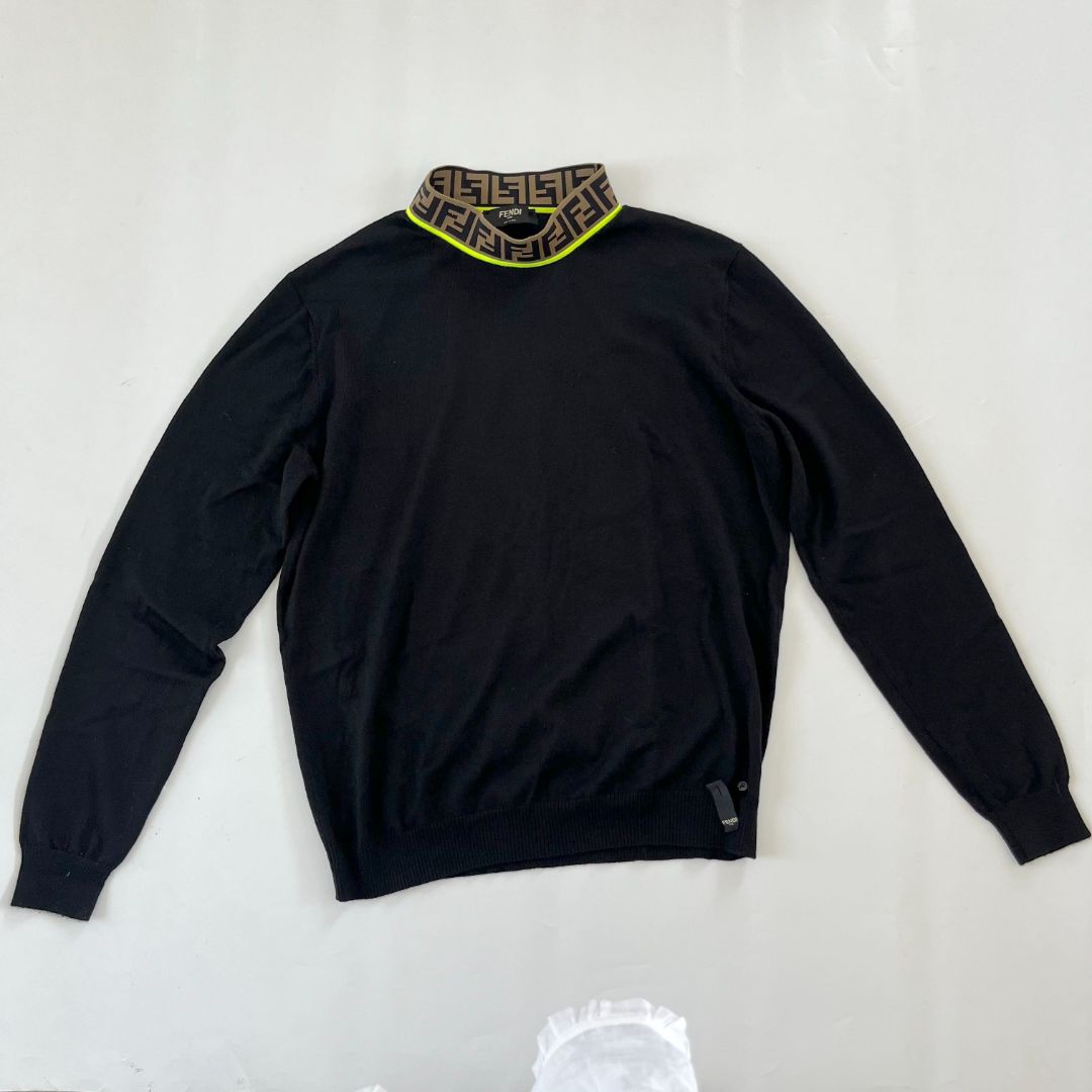 Fendi Long Sleeve Black Pull Over with FF collar, Mens
