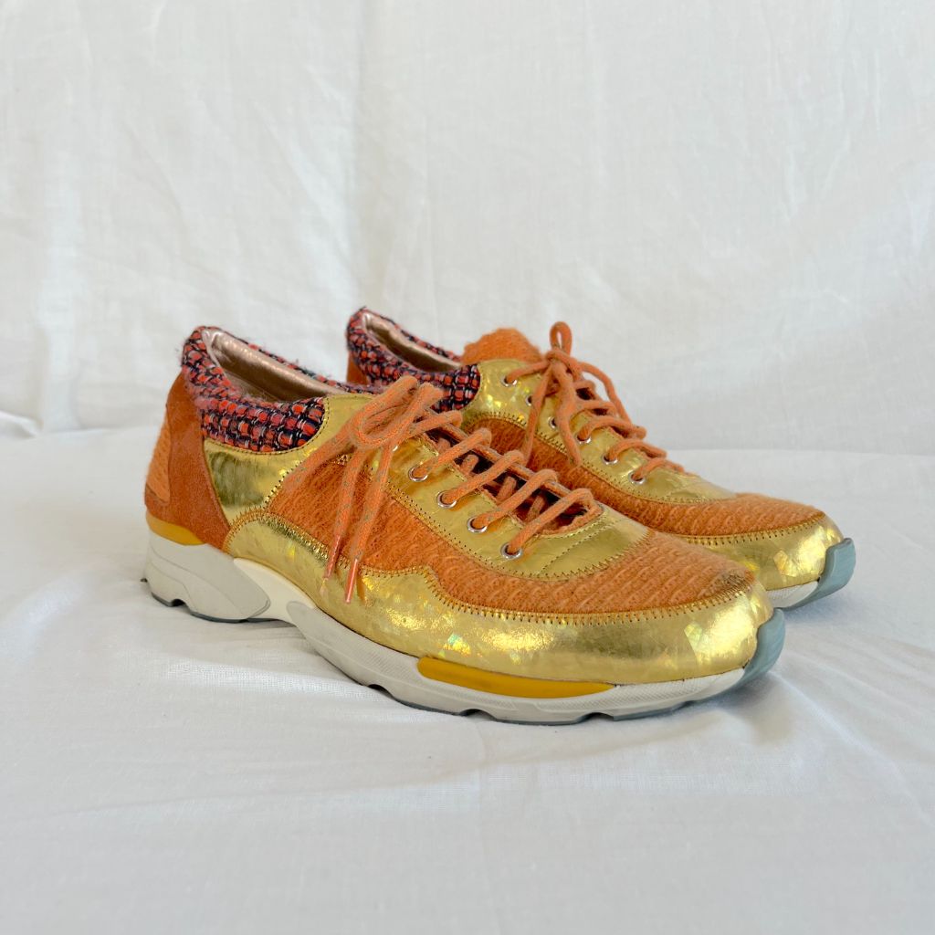 Chanel orange and gold low top lace up sneakers, 41