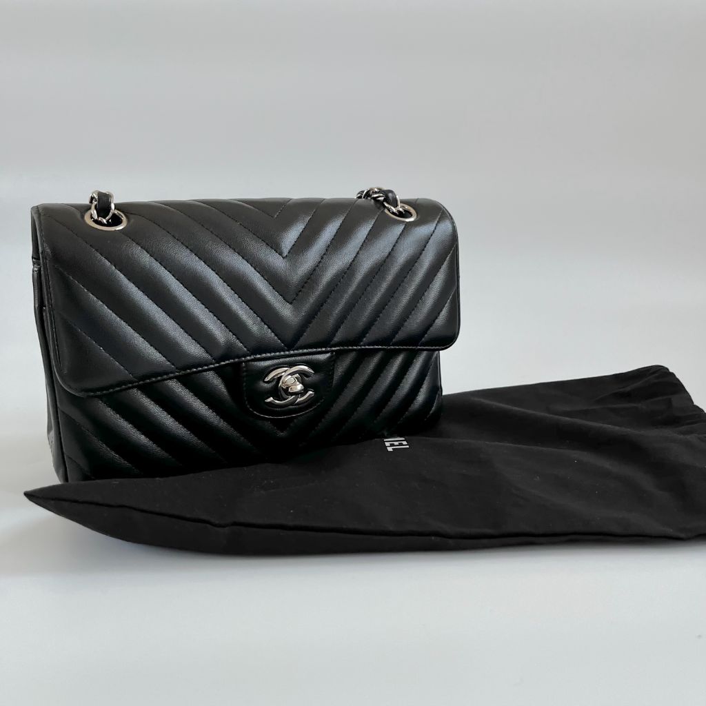 Chanel black chevron quilted leather double flap bag