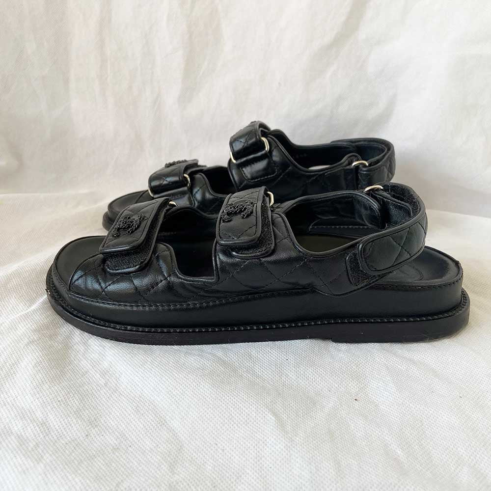 Chanel Black Leather Velcro Flat Sandals, 38C - BOPF
