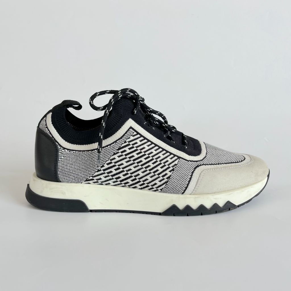 Hermes White/Black Knit Fabric and Suede C-Addict Sneakers, 39