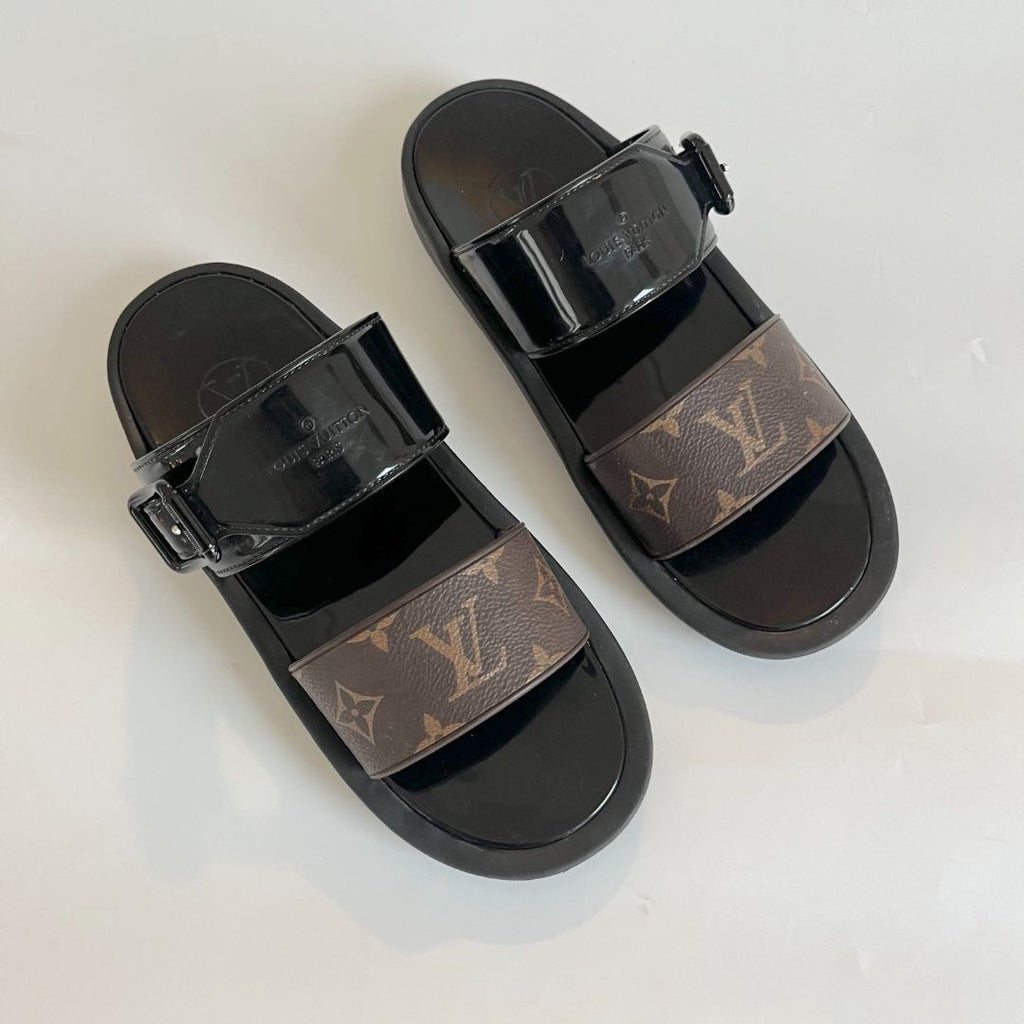 LOUIS VUITTON Sunbath line monogram flat mule sandals in brown and black  size 36
