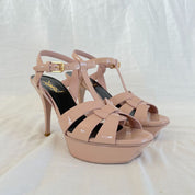 Saint Laurent nude patent leather tribute sandal heels, 38