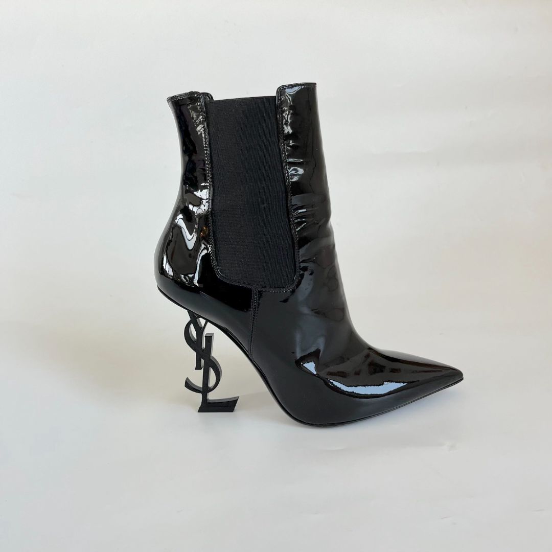 Saint Laurent Black Opyum 110 Patent Leather Monogram Heel Boots, 38.5