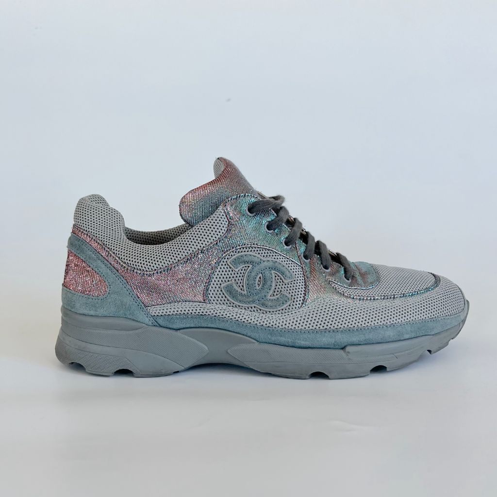 Chanel low top blue/glittery lace up sneakers, 40.5