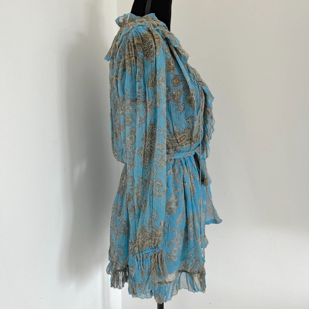 Zimmermann blue printed long sleeve silk ruffle playsuit