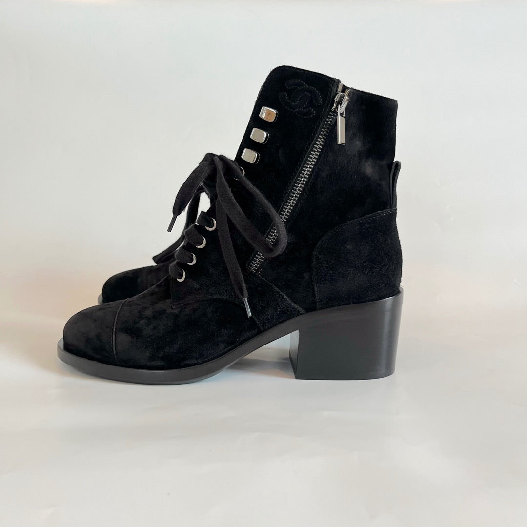 Chanel black suede heeled lace up boots, size 38.5C - BOPF