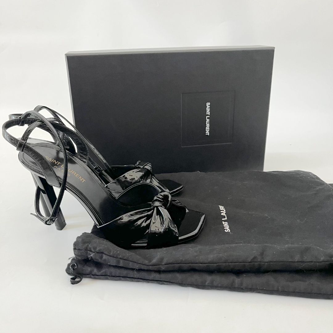 Saint Laurent Black Patent Leather Amy Knot-Detail Ankle Strap Sandals, 39