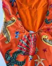 Versace orange printed one piece bathing suit