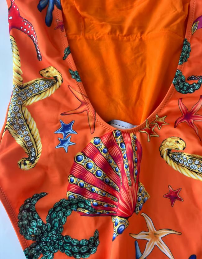 Versace orange printed one piece bathing suit