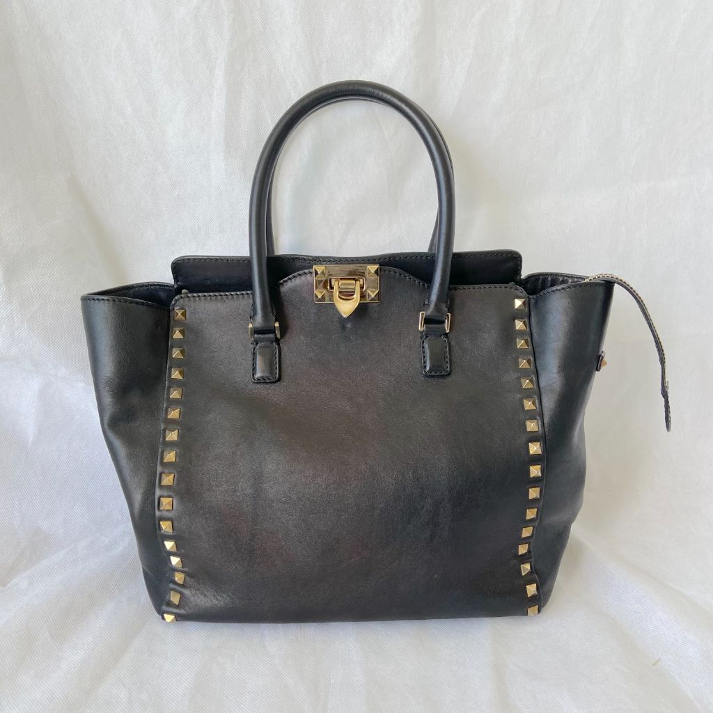 Valentino Black Leather Rockstud Trapeze Tote