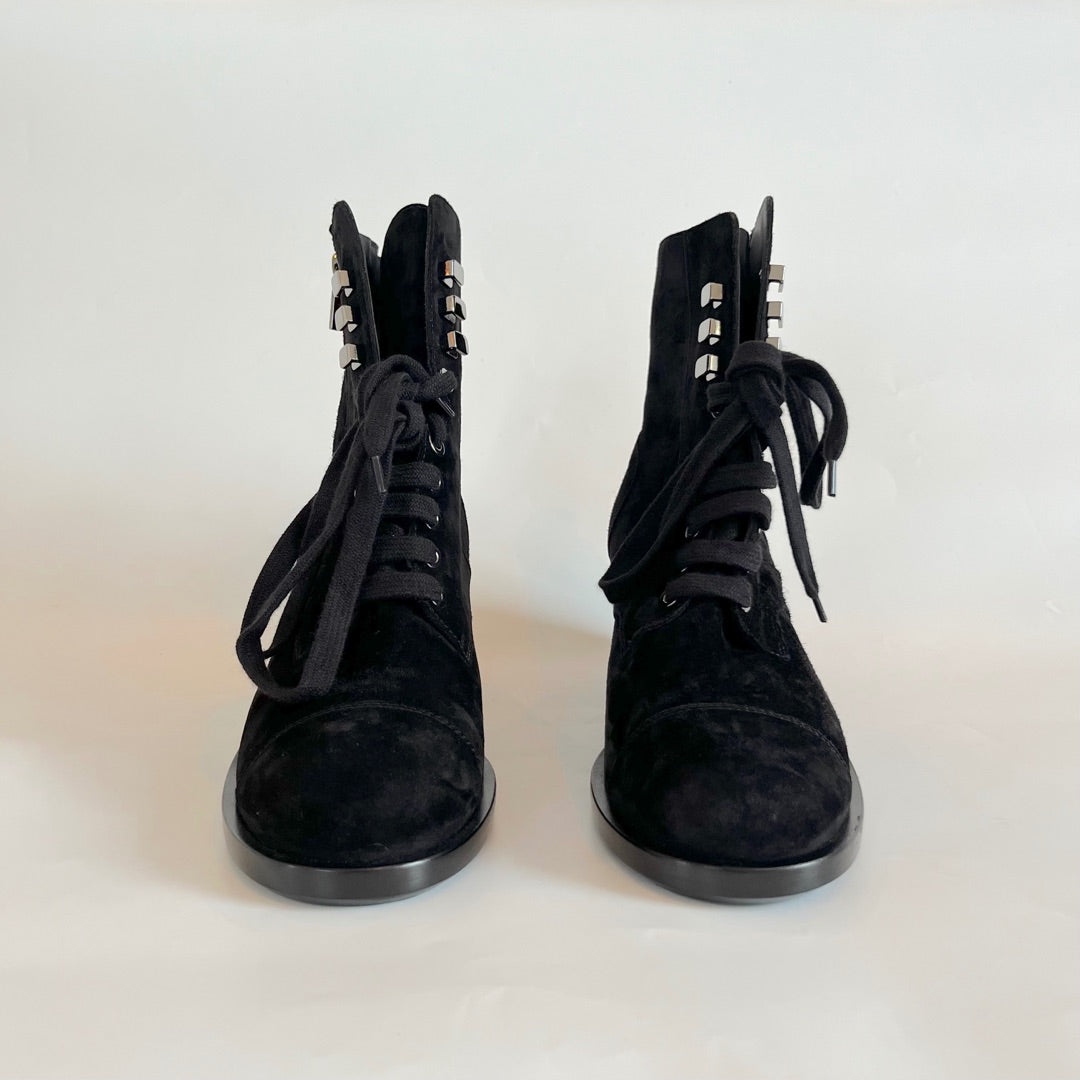 Chanel black suede heeled lace up boots, size 38.5C - BOPF