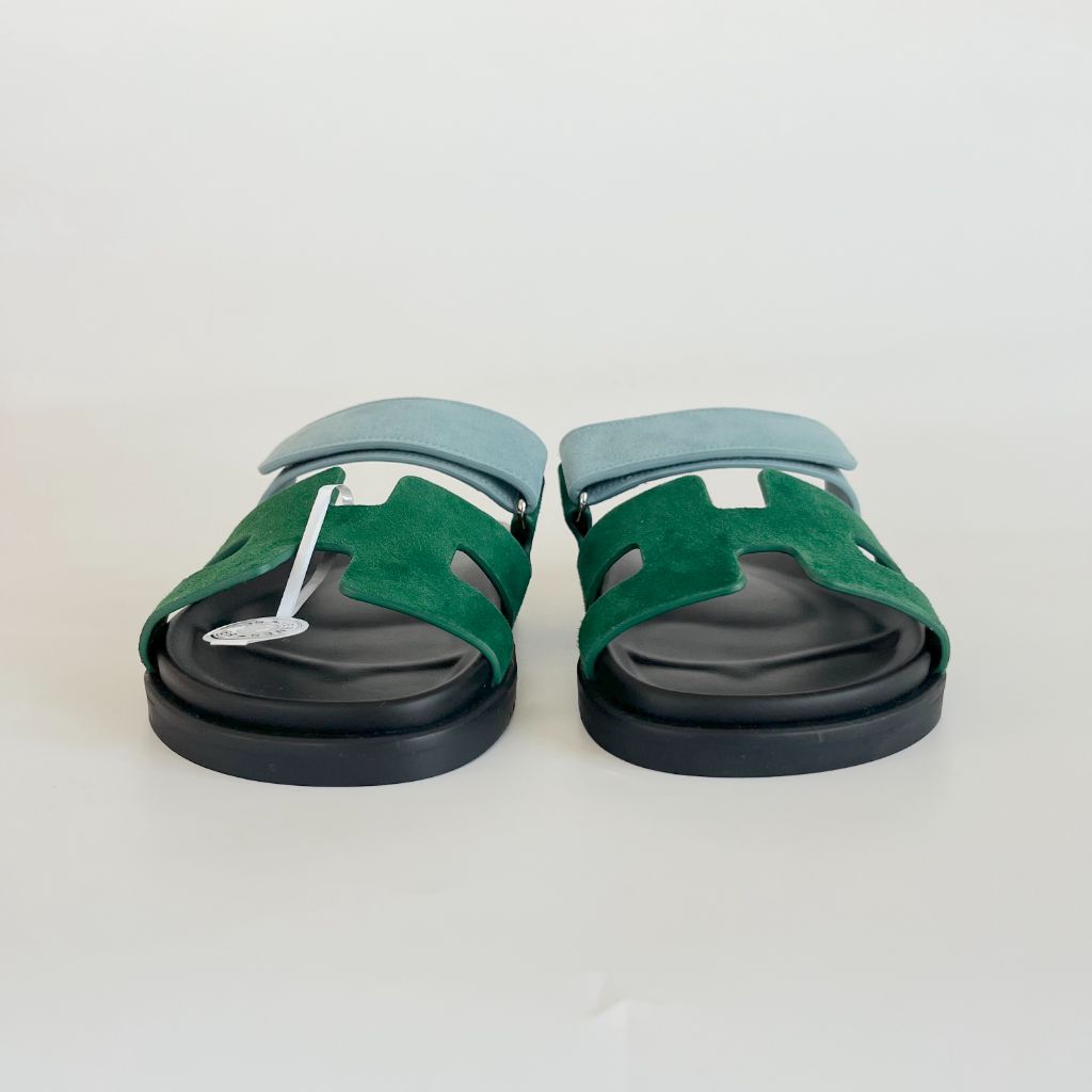 Hermès Suede Blue and Green Chypre Sandals, 37