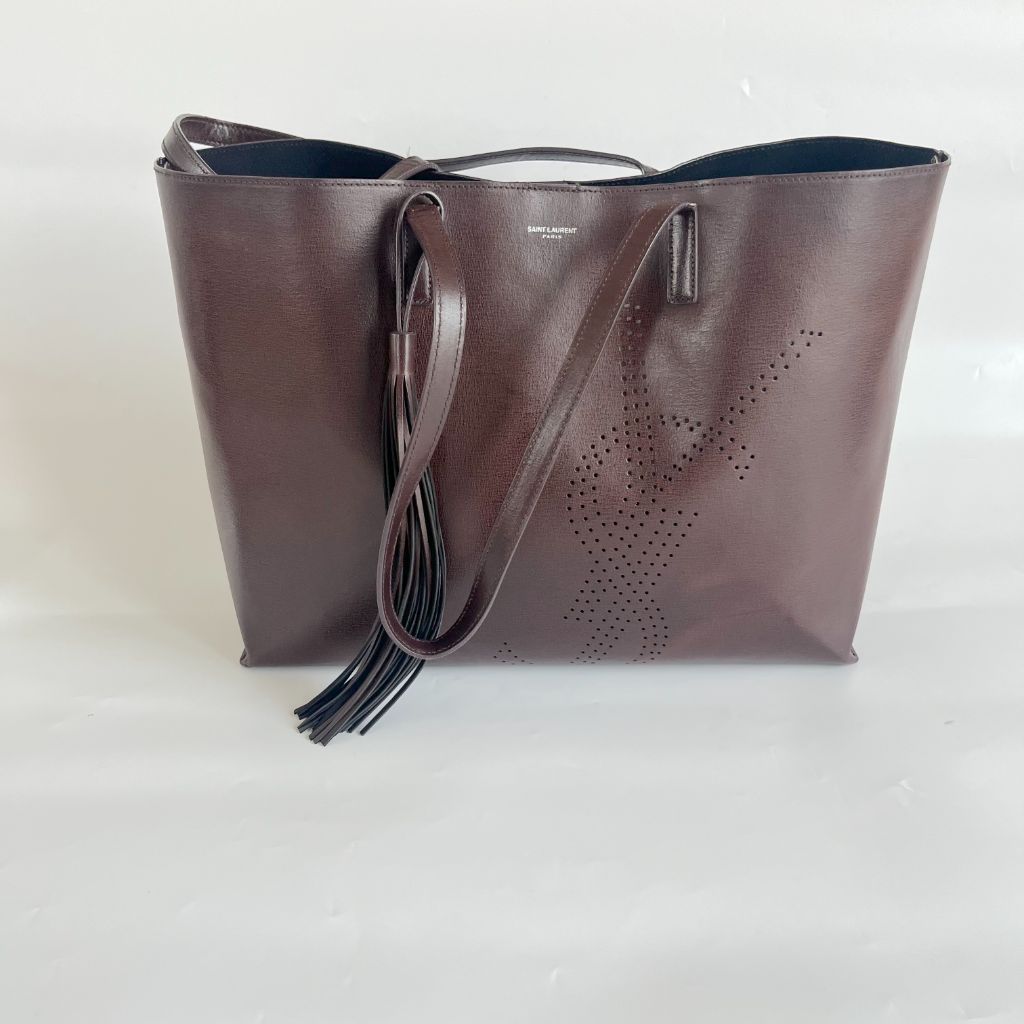 YSL SAINT LAURENT SHOPPING TOTE BAG POUCH BROWN LEATHER embossed