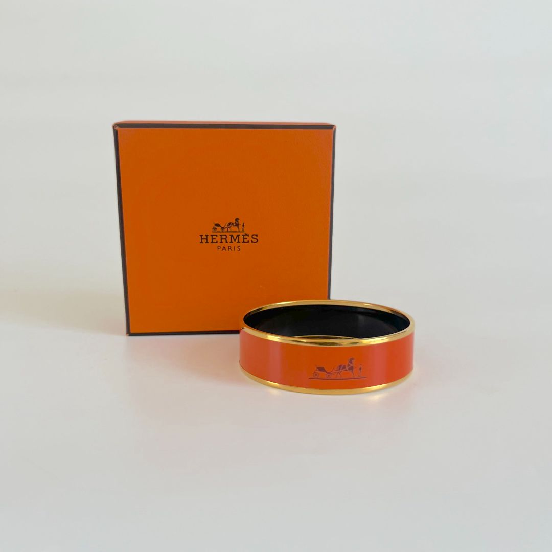 Hermès Orange Casaque Enamel Calèche Wide Bangle Bracelet