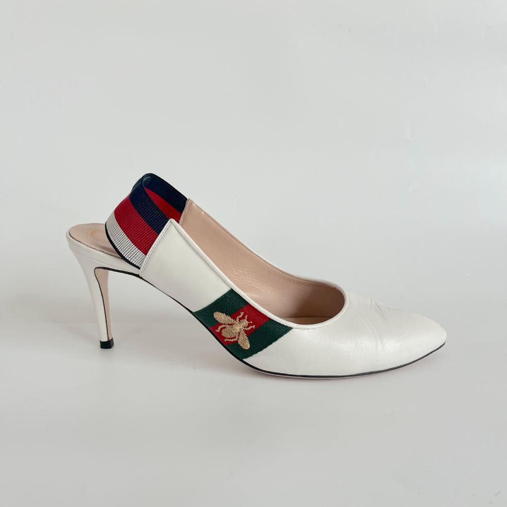 Gucci white leather almond toe web Sylvie, 38.5