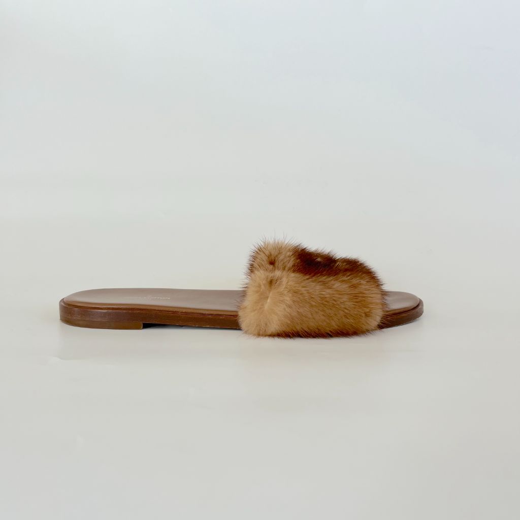 Louis Vuitton Brown Mink Fur Lock It Flat Slide Sandals, Size 39