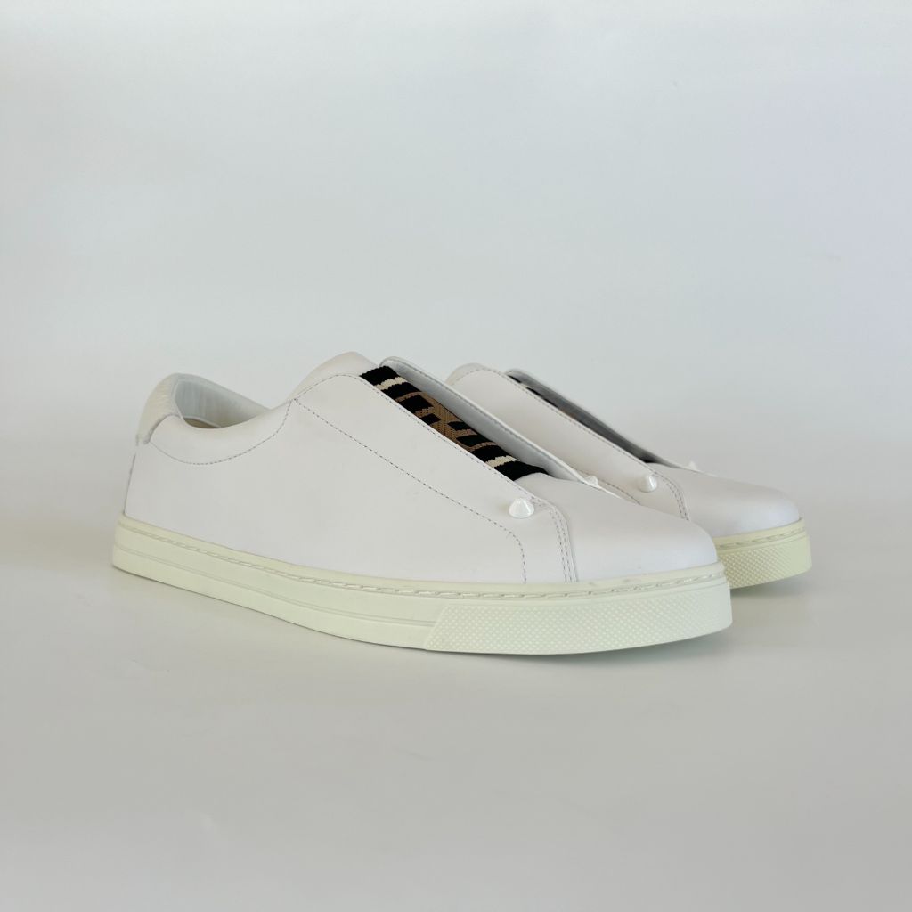 Fendi White Leather And Logo Knit Rockoko Slip On Sneakers, 38.5