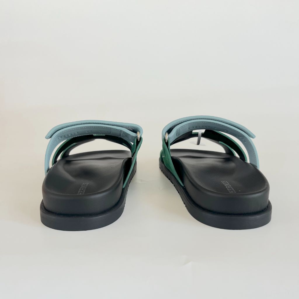 Hermès Suede Blue and Green Chypre Sandals, 37