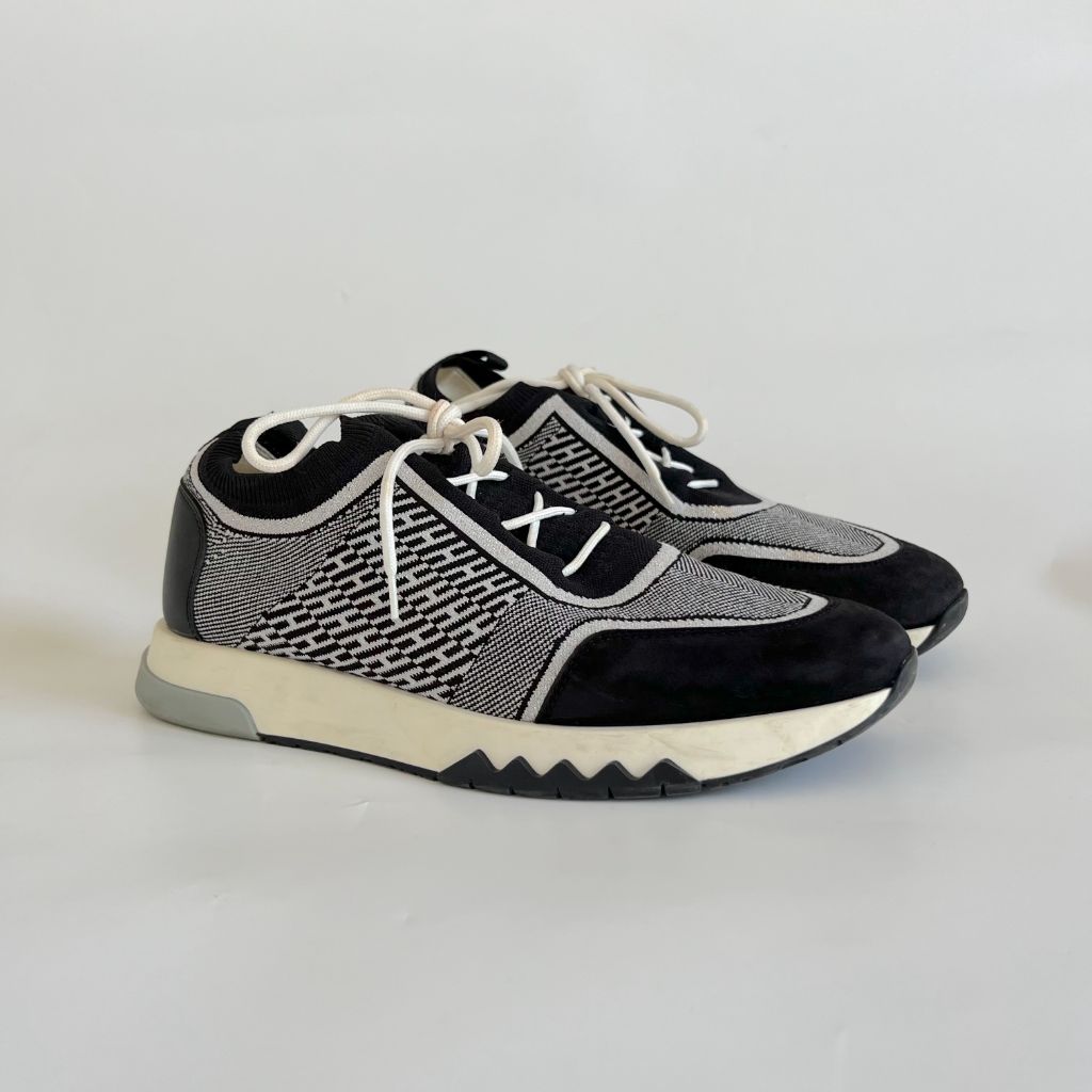 Hermes Black/White Fabric and Suede Addict Sneakers, 39