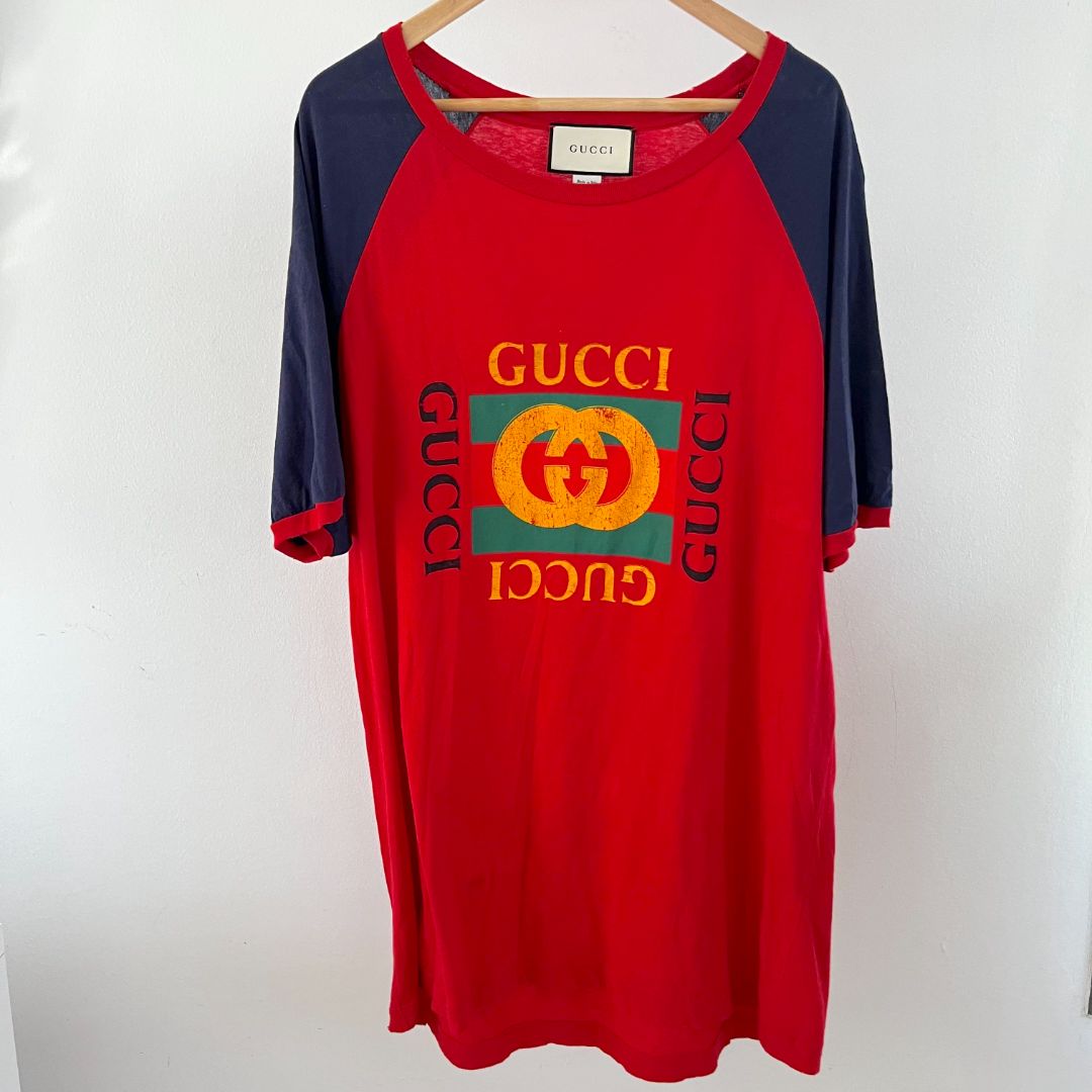 Gucci Logo Print Washed-Cotton Red Mens T-Shirt
