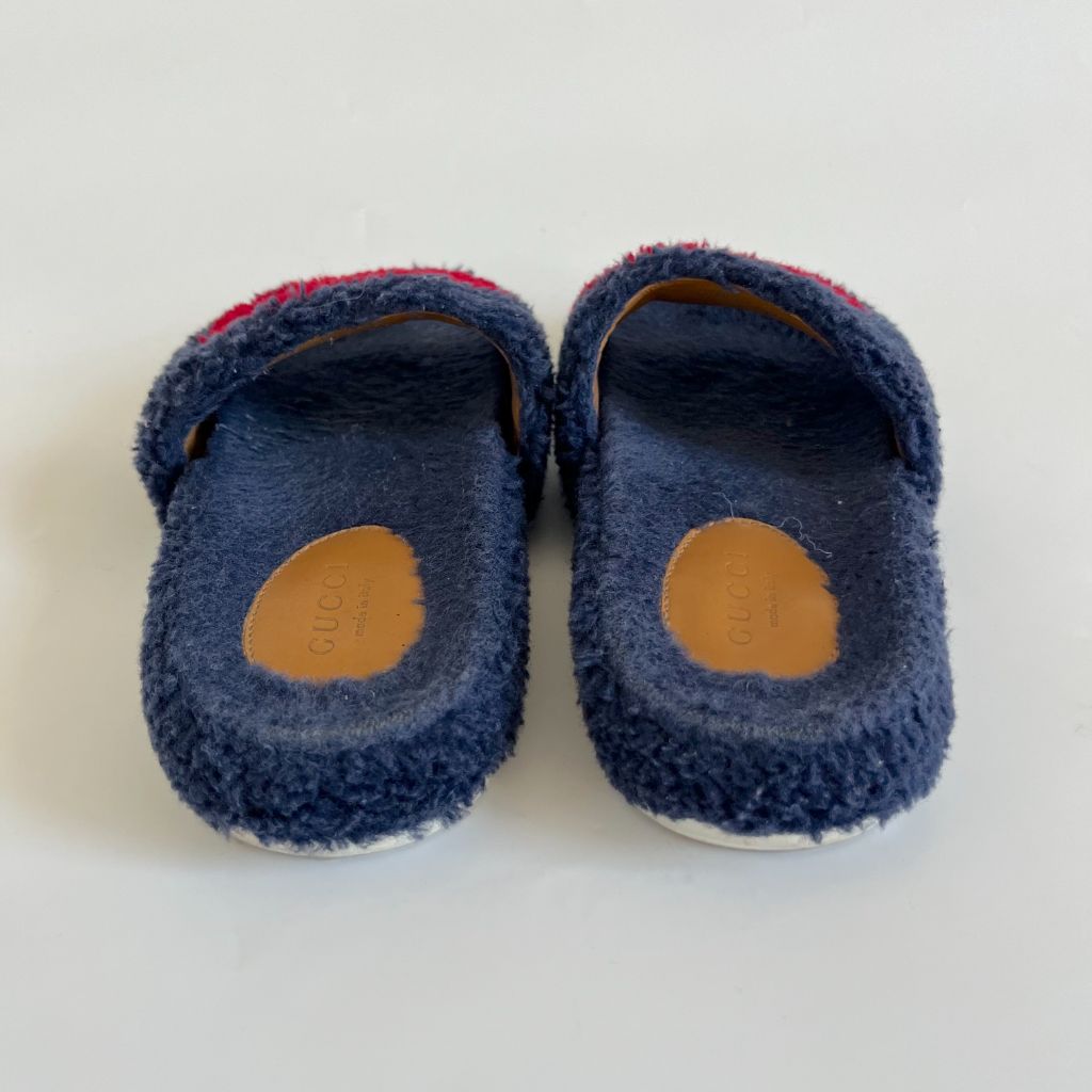 Gucci blue fluffy slides with GG red print, kids size 30