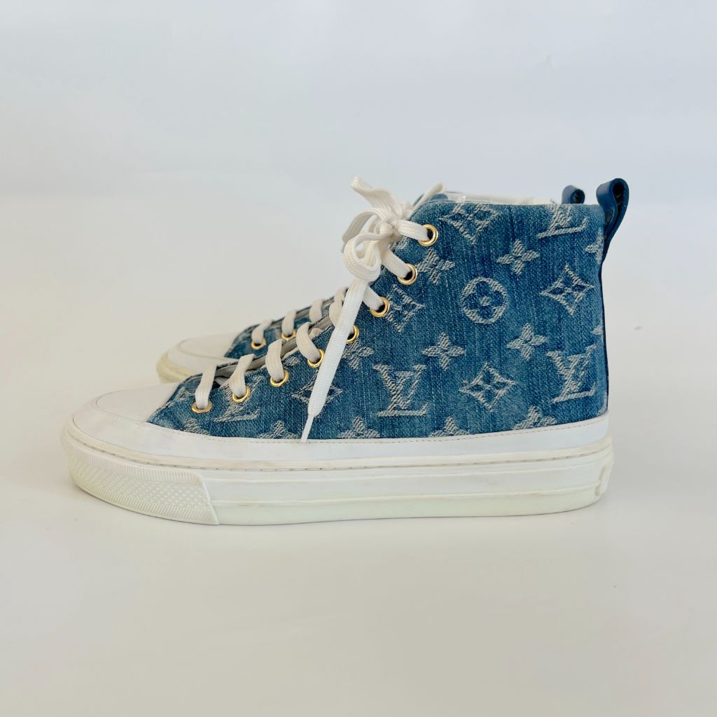 Louis Vuitton blue denim monogram high top sneakers, 36 - BOPF