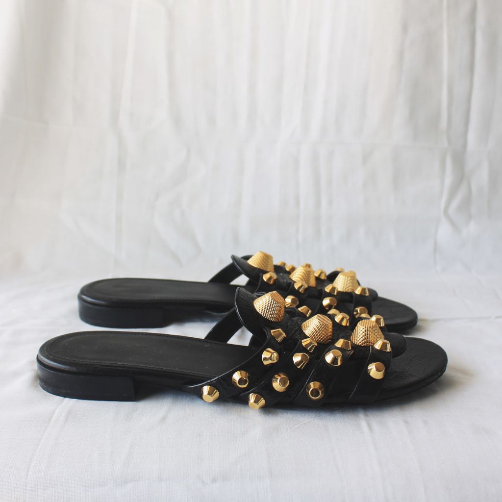 Balenciaga Black Leather Arena Flat Slides, 39