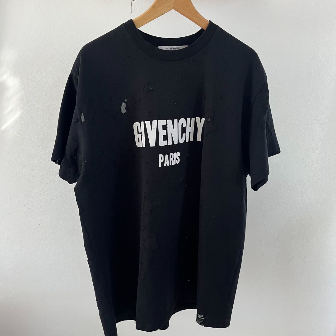 Givenchy Men's Black Logo-Print Distressed Cotton T-Shirt
