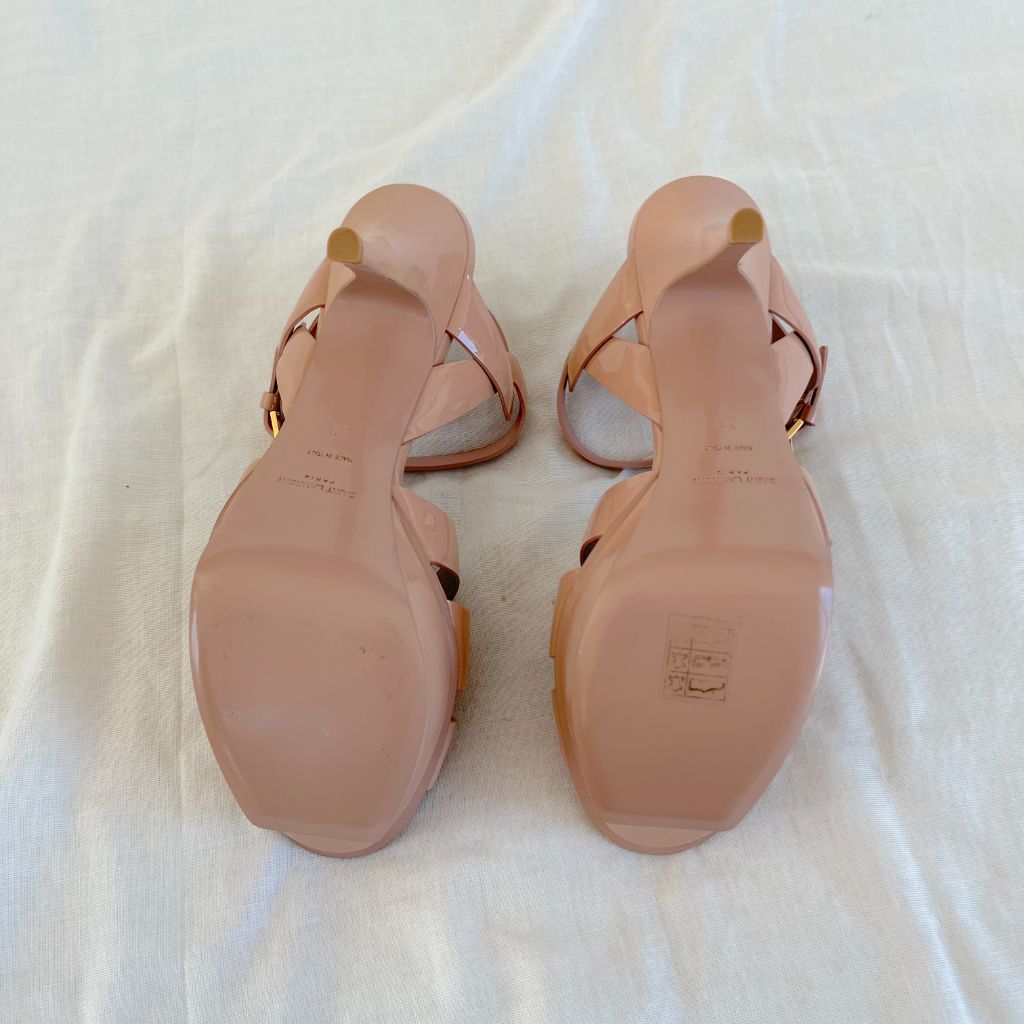 Saint Laurent nude patent leather tribute sandal heels, 38