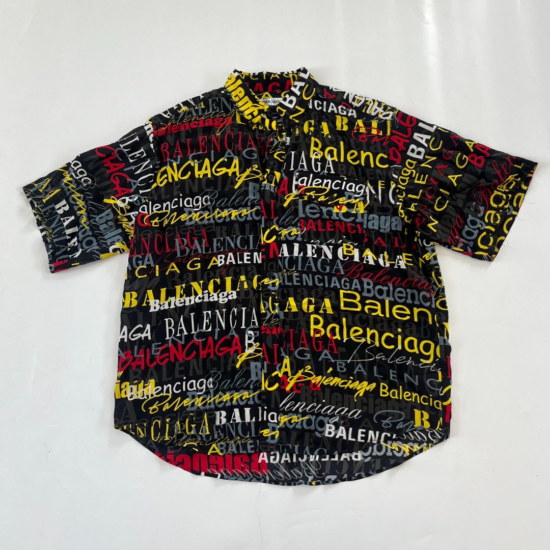 Balenciaga logo print all over multicolor  button up silk Mens shirt